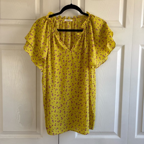 Pleione Tops - Pleione Yellow‎ Ditsy Floral Flutter Sleeve Blouse Boho Bloomcore Whimsical XL